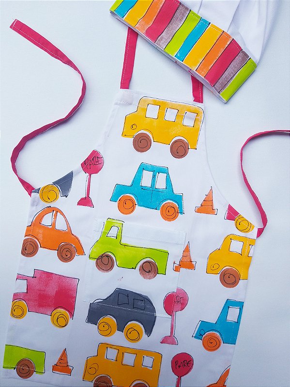 kit Avental Infantil com Chapéu de Chef Carros Coloridos