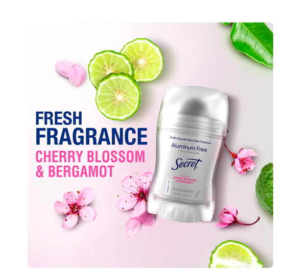 Desodorante secret sem alumínio clinicamente comprovado, com aroma de flor de cerejeira e bergamota.