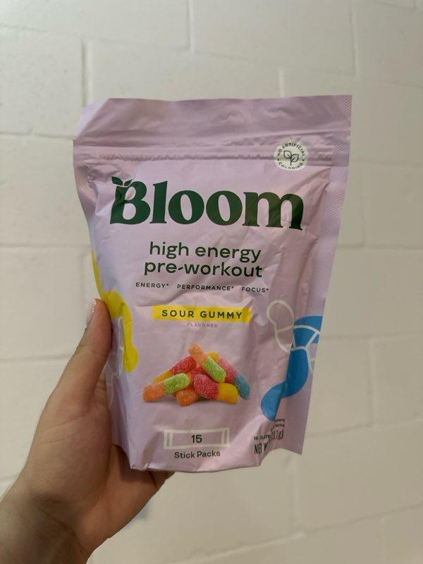 Bloom Nutrition High Energy Preworkout Sticks (goma azeda), 15 Porções