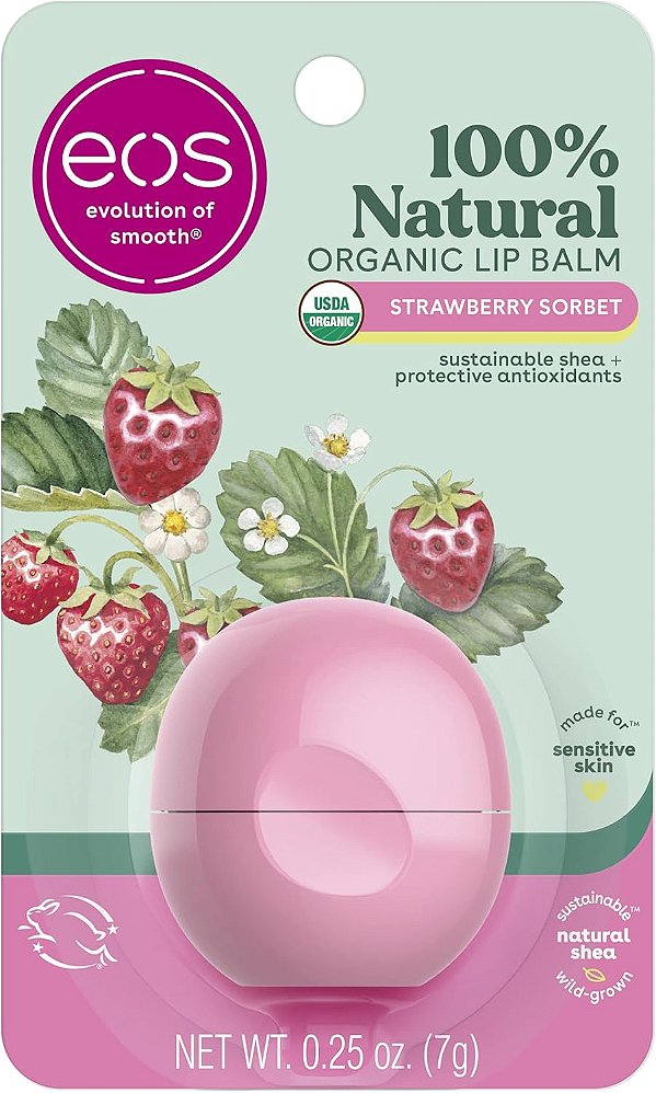 EOS, Balm Labial 100% Natural e Orgânico, Sorbet de Morango, 7 g