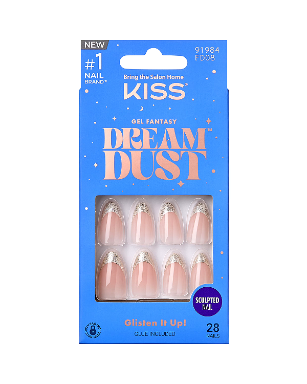 KISS Unhas Postiças Gel Fantasy Dreamdust Dreamdust, Cor Sugar Rush, Prata, Amêndoa Média, 28 unidades