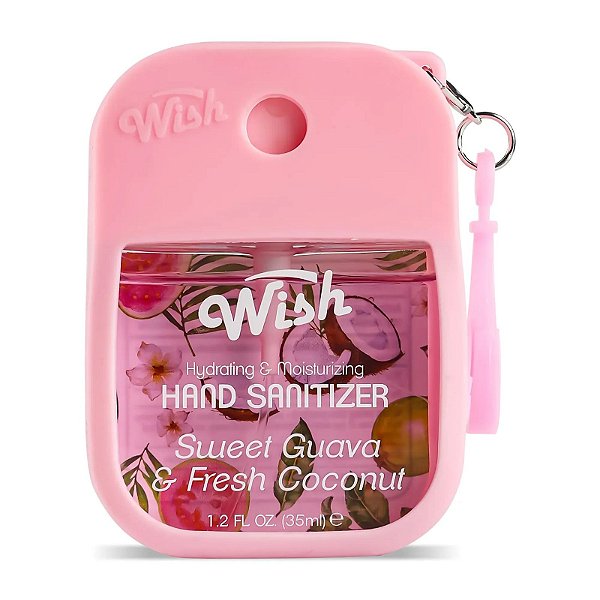 Wish Spray desinfetante para mãos de 35 ml com aroma de goiaba doce e coco fresco, com estojo de silicone e chaveiro.