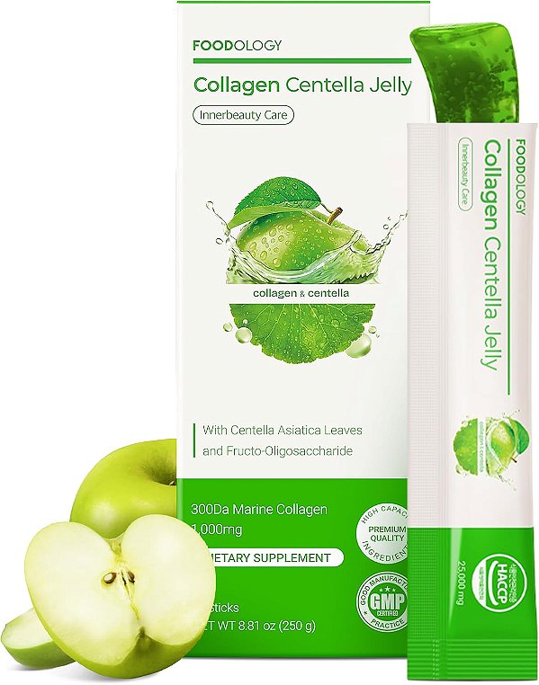Suplemento Koreano Colágeno Centella (Maçã Verde) – Peptídeo de Colágeno com PDRN – Biotina, Vitaminas A - 10 sachês