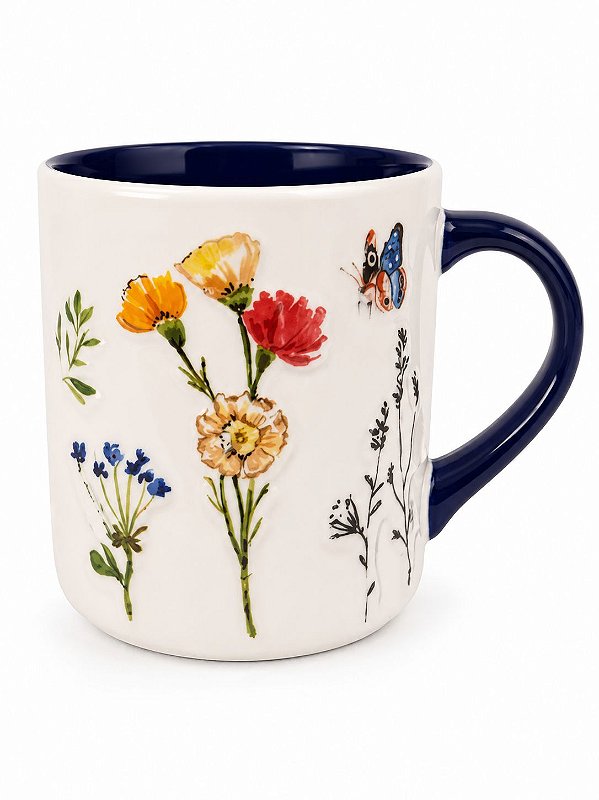 Caneca Floral em Cerâmica Americana - Delicada com Flors silvestres e borboleta - Aprox 550ml
