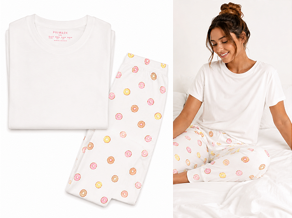 Pijama de algodão Rosa estampado de manga curta Donuts - Tam: GG