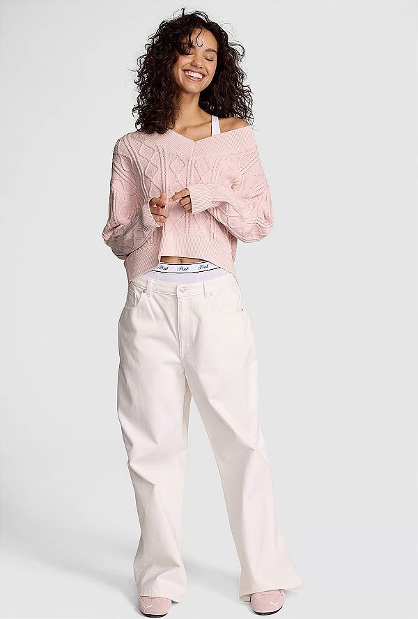 Suéter oversized de tricô e decote em V Victória's Secret - Tam:G