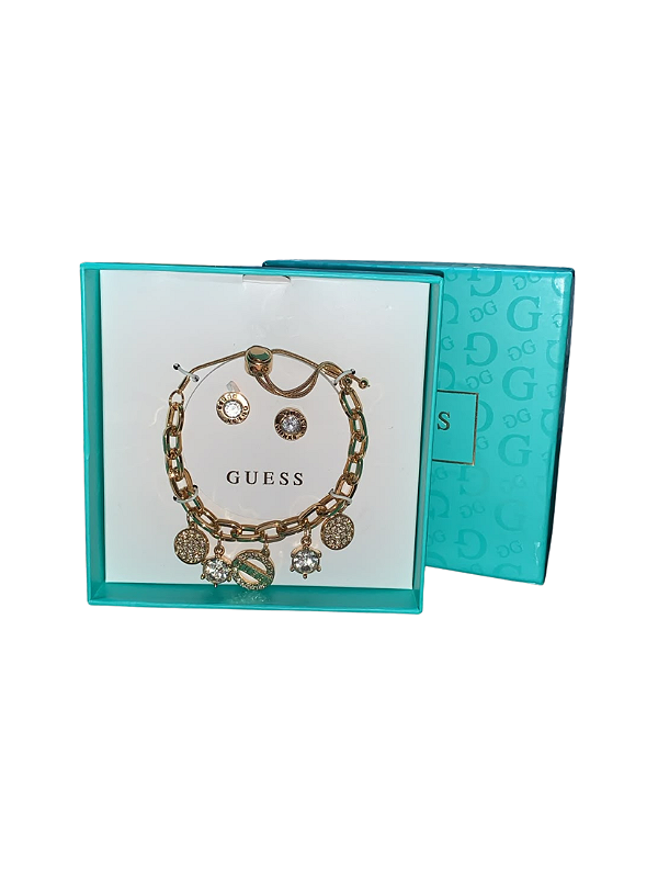 Kit Guess Feminino Pulseira com Pingentes + Brincos de Cristal Dourado | Acompanha Caixa Original