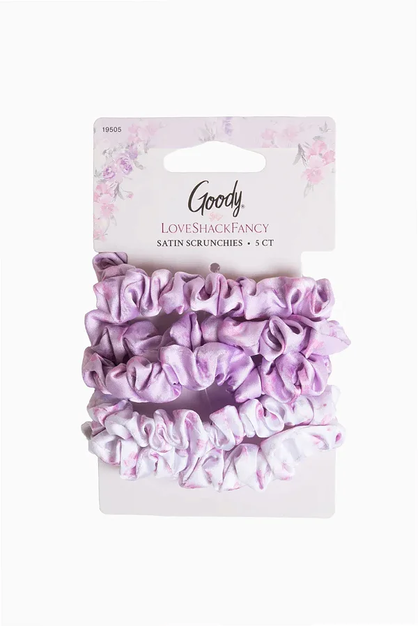 Scrunchies de Cetim Goody x Love Shack Fancy – Pacote com 5 – Happy Thoughts e Ribbon Rosa