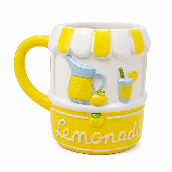 Caneca Cerâmica Lemonade 3D – Design Barraca de Limonada | Caneca Decorativa Amarela e Branca