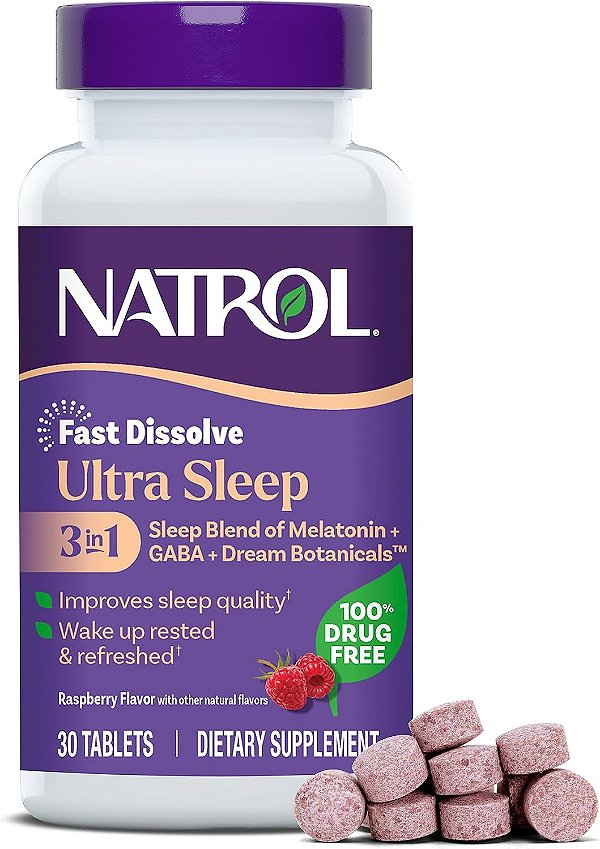Natrol Ultra Sleep 3 em 1, Melatonina 5 mg, GABA, Extratos Botânicos, 30 Comprimidos
