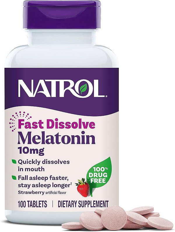 Natrol Melatonina 10mg Comprimidos de Dissolução Rápida, Sabor Morango, 100 Unidades