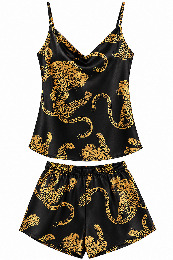 Pijama Feminino Animal Print Leopardo – Regata de Alças + Short Preto 2 Peças