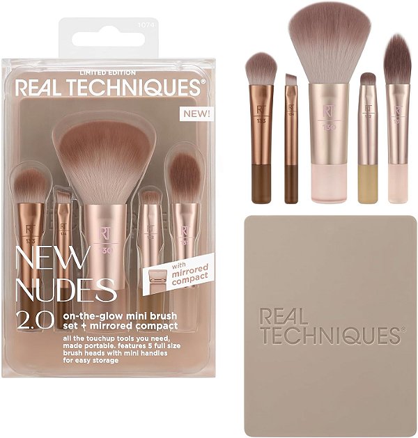 Real Techniques Novo kit de mini pincéis Nudes On The Glow, conjunto de 6 peças com espelho compacto