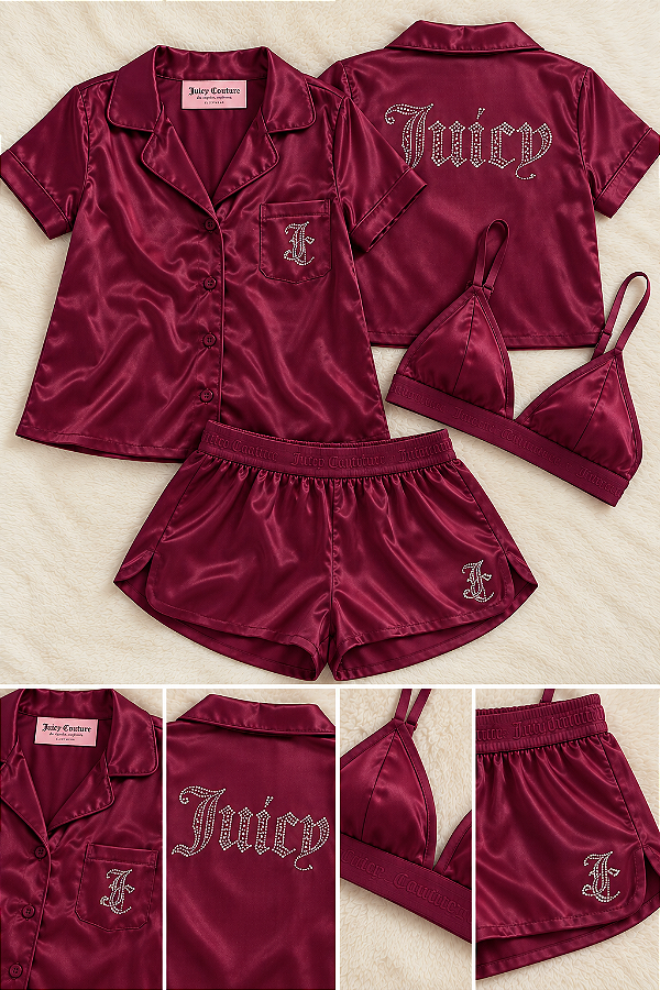 Conjunto Pijama Feminino Juicy Couture 3 Peças – Cetim Bordô com Strass - Tam:G
