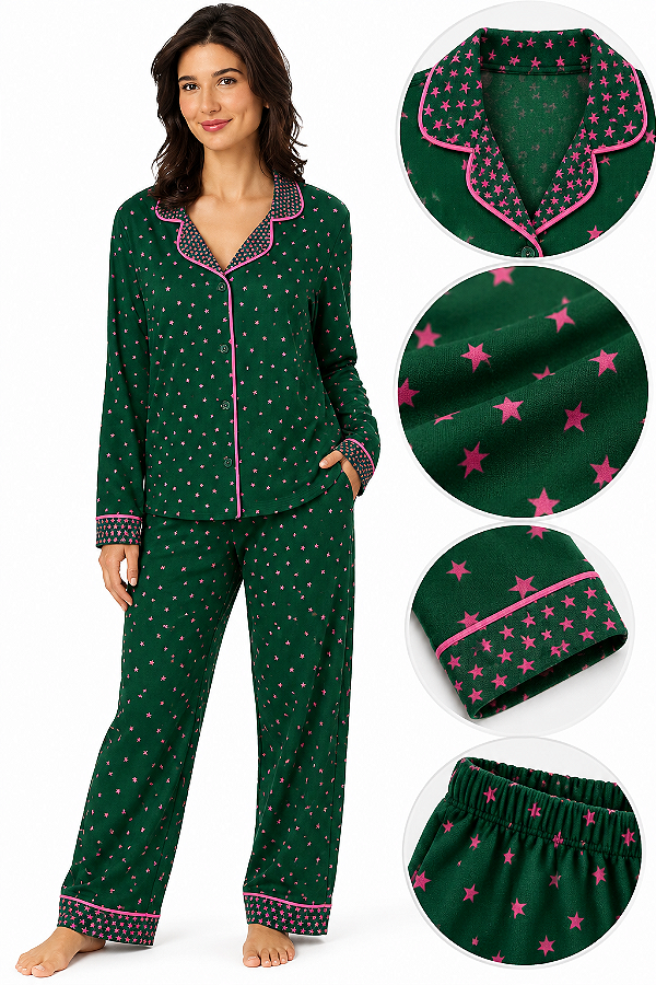 Pijama Feminino Longo Verde com Estrelas Pink – Camisa + Calça - Tam: P