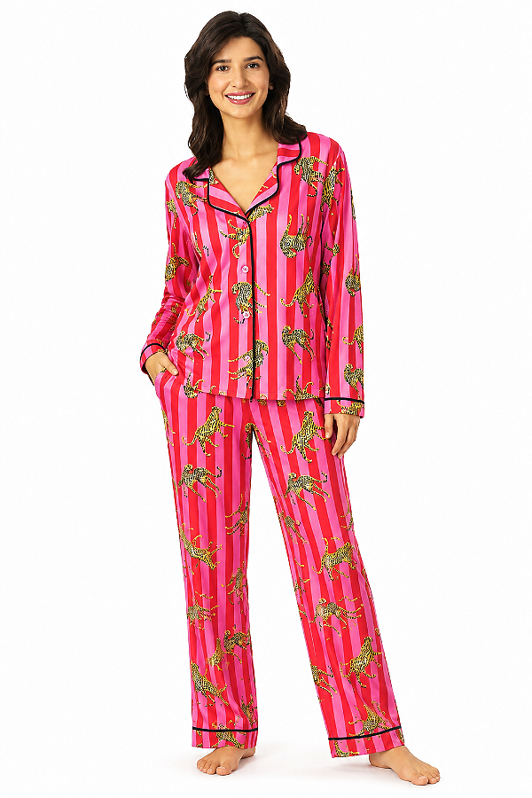 Pijama Feminino Longo Pink Animal Print – Camisa + Calça -Tam: GG