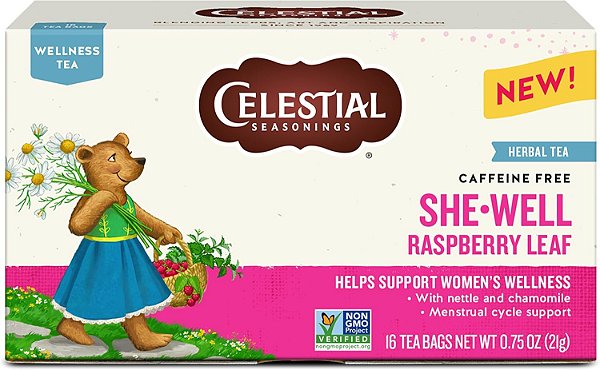 Chá Celestial Seasonings SheWell de Folha de Framboesa para o Bem-Estar, sem cafeína, caixa com 16 sachê