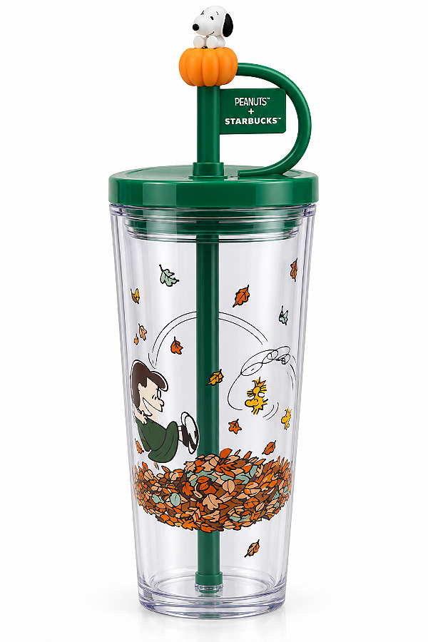 Copo Tumbler Snoopy Peanuts + Starbucks com Canudo e Tampa Verde – Edição Temática
