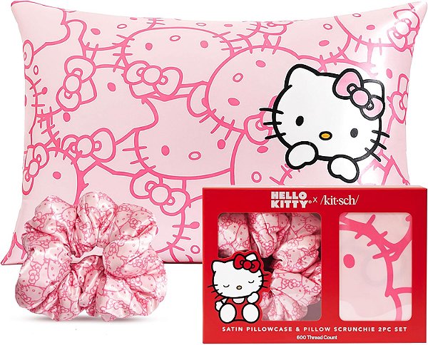 Kitsch Fronha de cetim + Scrunchie Hello Kitty, seda para cabelo e pele