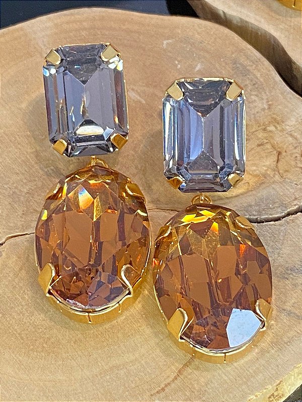 BRINCO CHATON REDONDO ÂMBAR E DOURADO