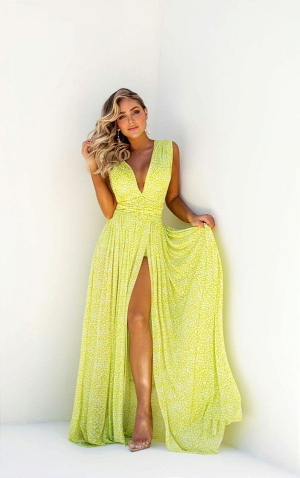 Vestido longo amarelo estampado sales