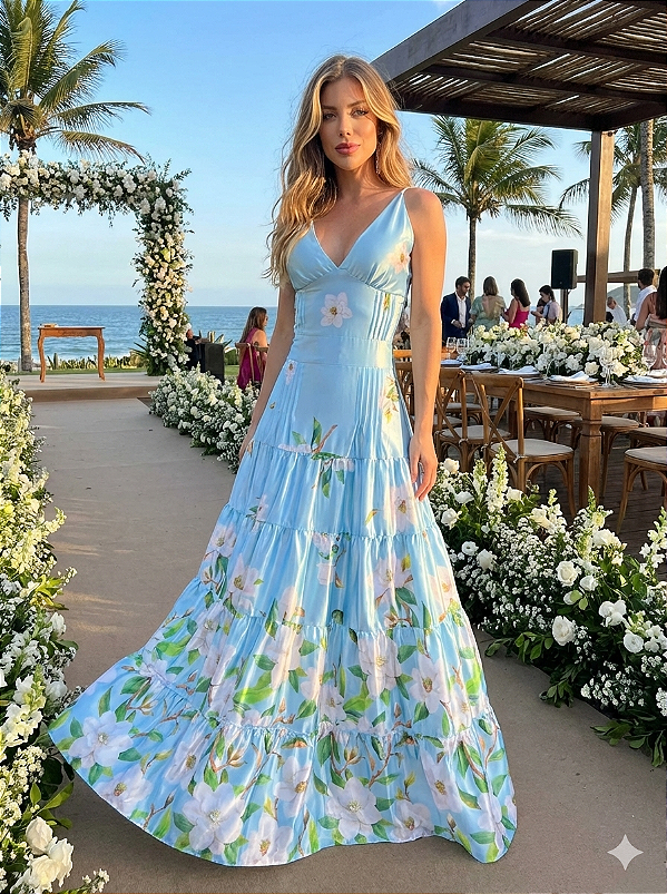 Vestido Longo Estampado da Vinci Azul Serenity