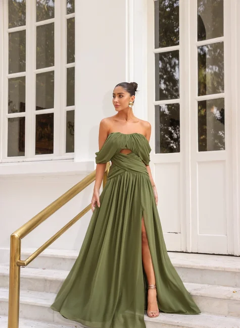 Vestido Longo Drapeado Verde Oliva