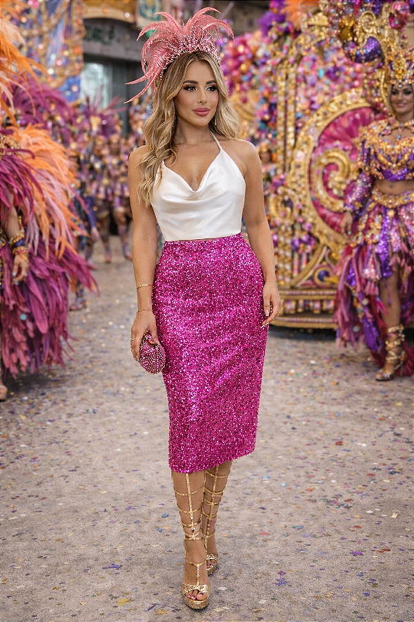 Saia Mídi Rosas de Ouro Pink