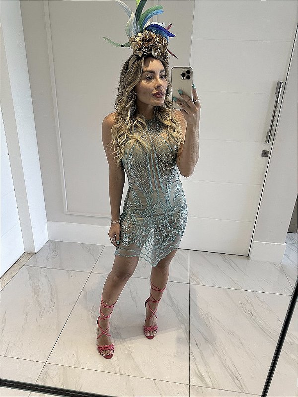 Vestido Curto em Micro Tule Letícia Verde Aguá