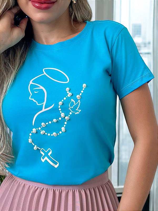 TSHIRT FEMININA ALGODÃO SANTA PEROLAS AZUL