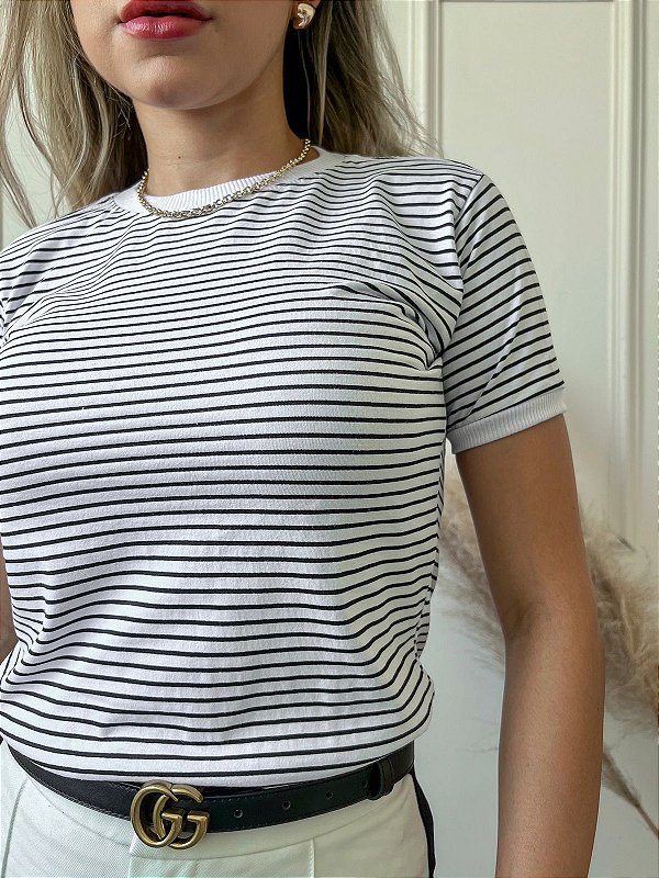 TSHIRT FEMININA ALGODÃO COM ELASTANO LISTRADA BRANCA