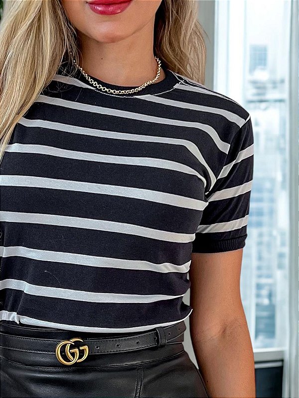TSHIRT FEMININA 100% ALGODÃO PENTEADO LISTRADA PRETA