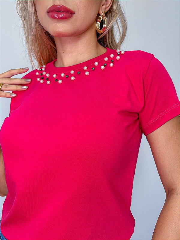 TSHIRT FEMININA ALGODÃO LUXO PEROLAS COLAR PINK