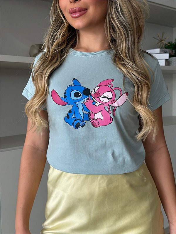TSHIRT FEMININA ALGODÃO STITCH E ANGEL / AZUL BEBE