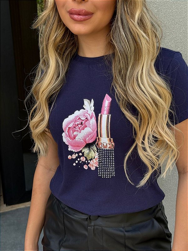 TSHIRT FEMININA ALGODÃO BATOM E ROSA / AZUL MARINHO