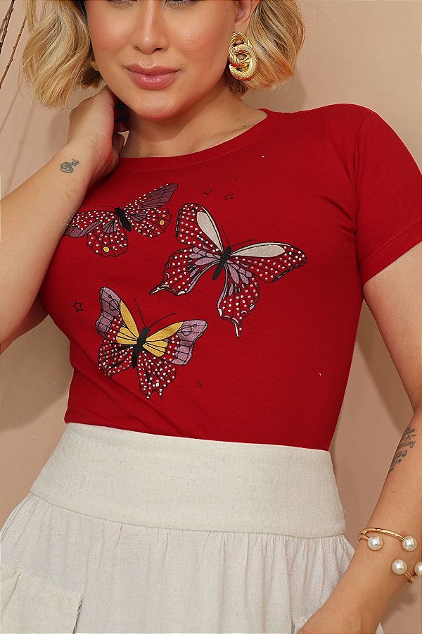 TSHIRT FEMININA ALGODÃO 3 BORBOLETAS / VERMELHA