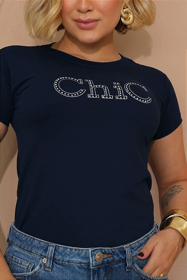 TSHIRT FEMININA ALGODÃO CHIC STRASS / AZUL MARINHO
