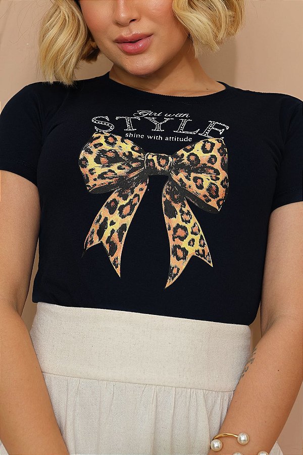 TSHIRT FEMININA ALGODÃO STYLE LAÇO / PRETA
