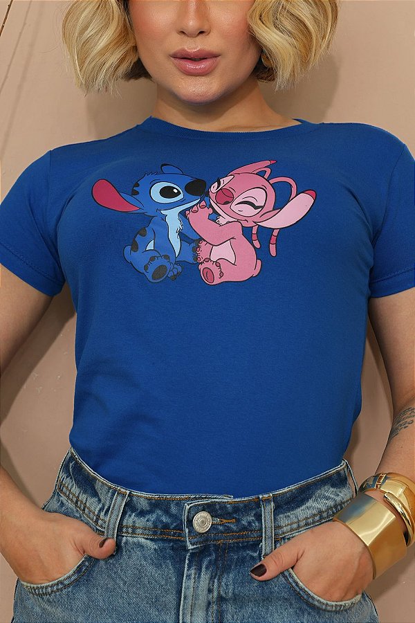 TSHIRT FEMININA ALGODÃO STITCH E ANGEL / AZUL BIC