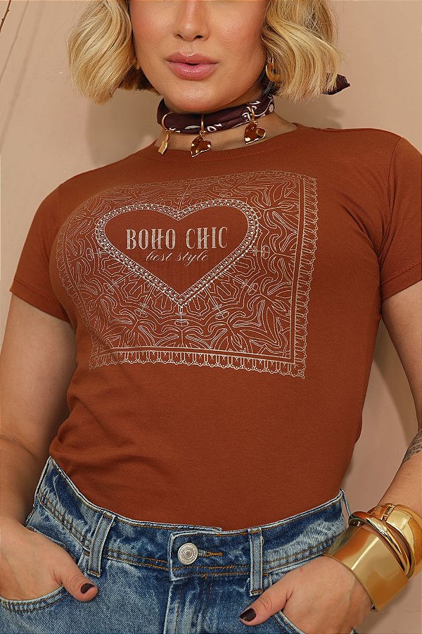 TSHIRT FEMININA ALGODÃO BOHO CHIC / TERRA COTA
