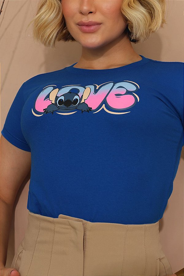 TSHIRT FEMININA ALGODÃO LOVE STITCH / AZUL BIC