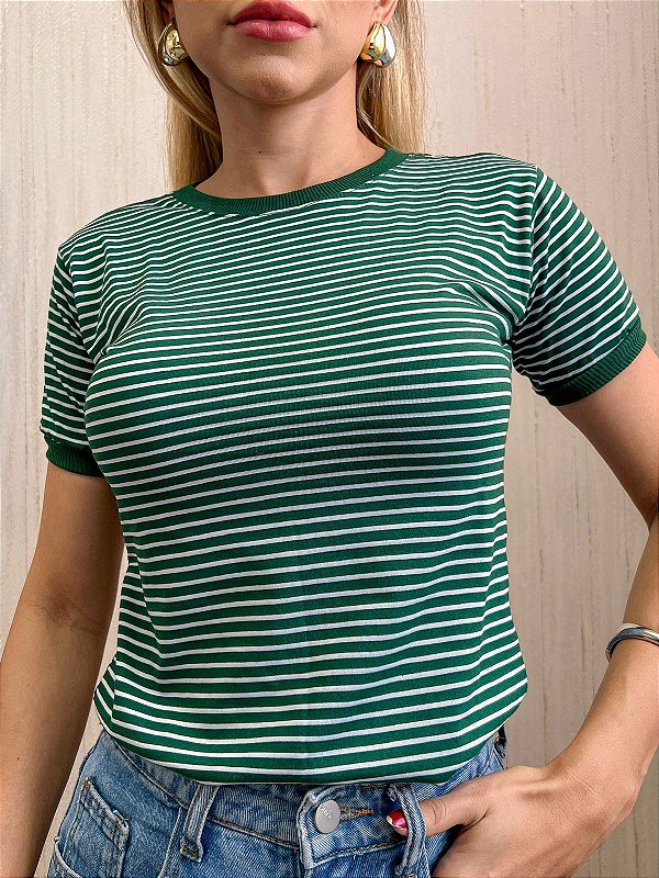 TSHIRT FEMININA ALGODÃO LISTRADA VERDE BANDEIRA