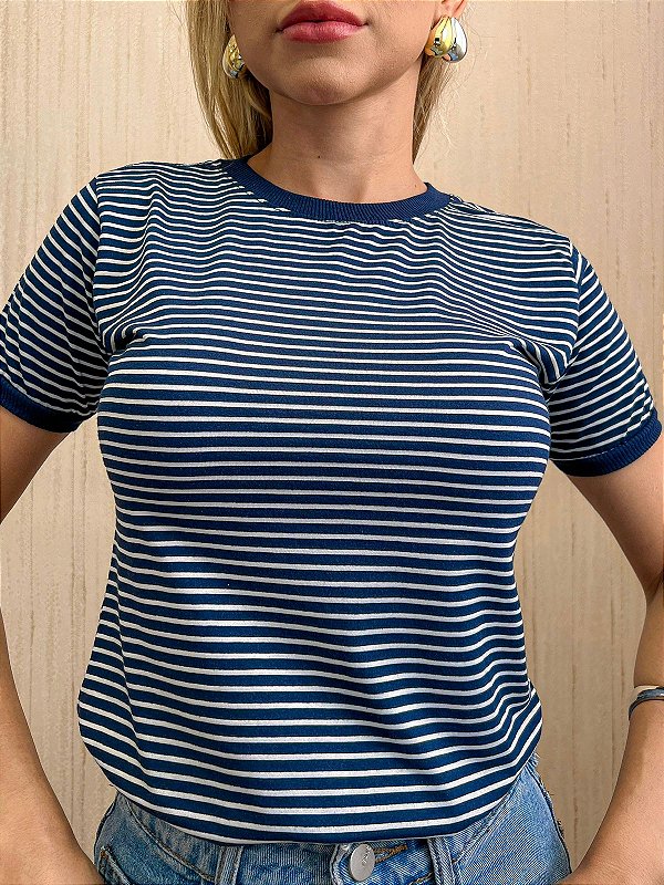 TSHIRT FEMININA ALGODÃO LISTRADA AZUL MARINHO