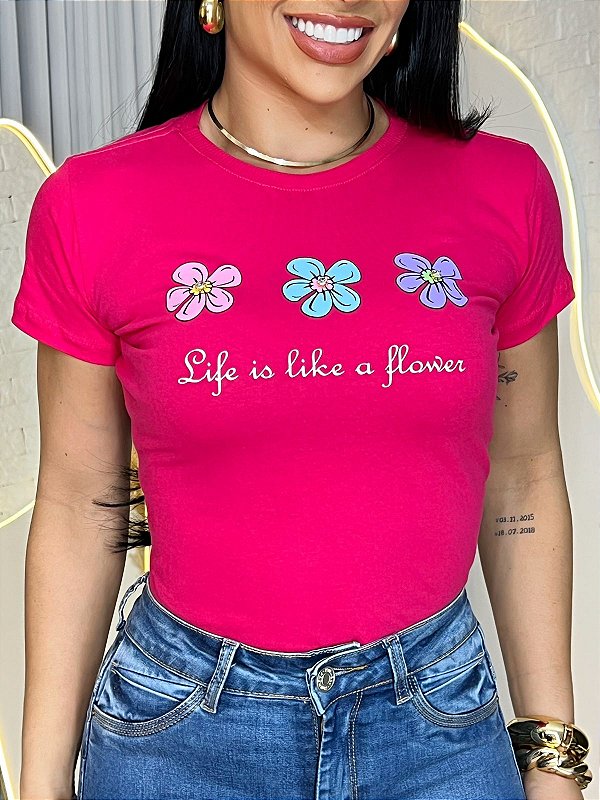 TSHIRT FEMININA ALGODÃO 3 FLORES / PINK