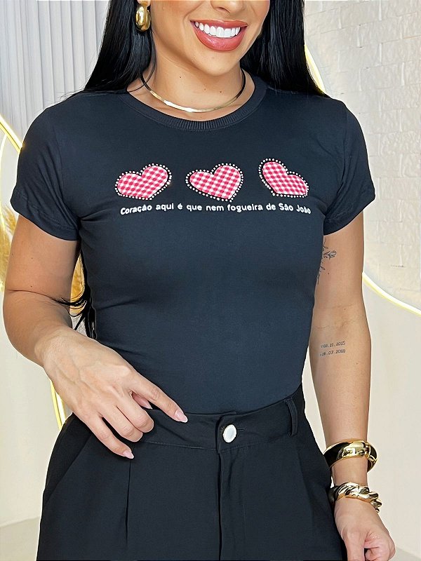 TSHIRT FEMININA ALGODÃO CORAÇÃO XADREZ / PRETA
