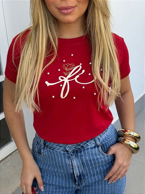 TSHIRT FEMININA ALGODÃO  FÉ COM PEROLAS / VERMELHA