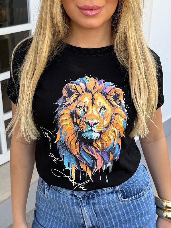 TSHIRT FEMININA ALGODÃO  LEÃO DE JUDÁ COLORIDO / PRETO