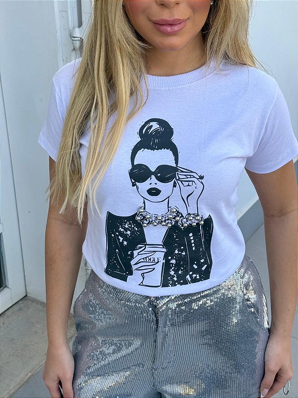 TSHIRT FEMININA ALGODÃO  MULHER PÉROLAS / BRANCA