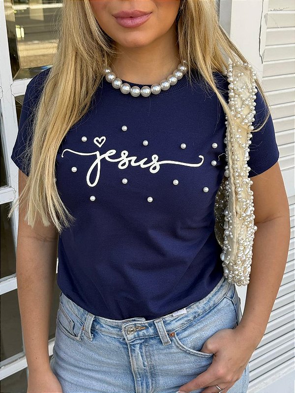 TSHIRT FEMININA ALGODÃO  JESUS PÉROLAS / AZUL MARINHO