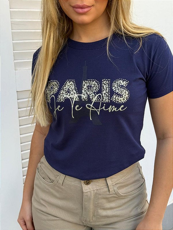 TSHIRT FEMININA ALGODÃO PARIS ONCINHA  / AZUL MARINHO